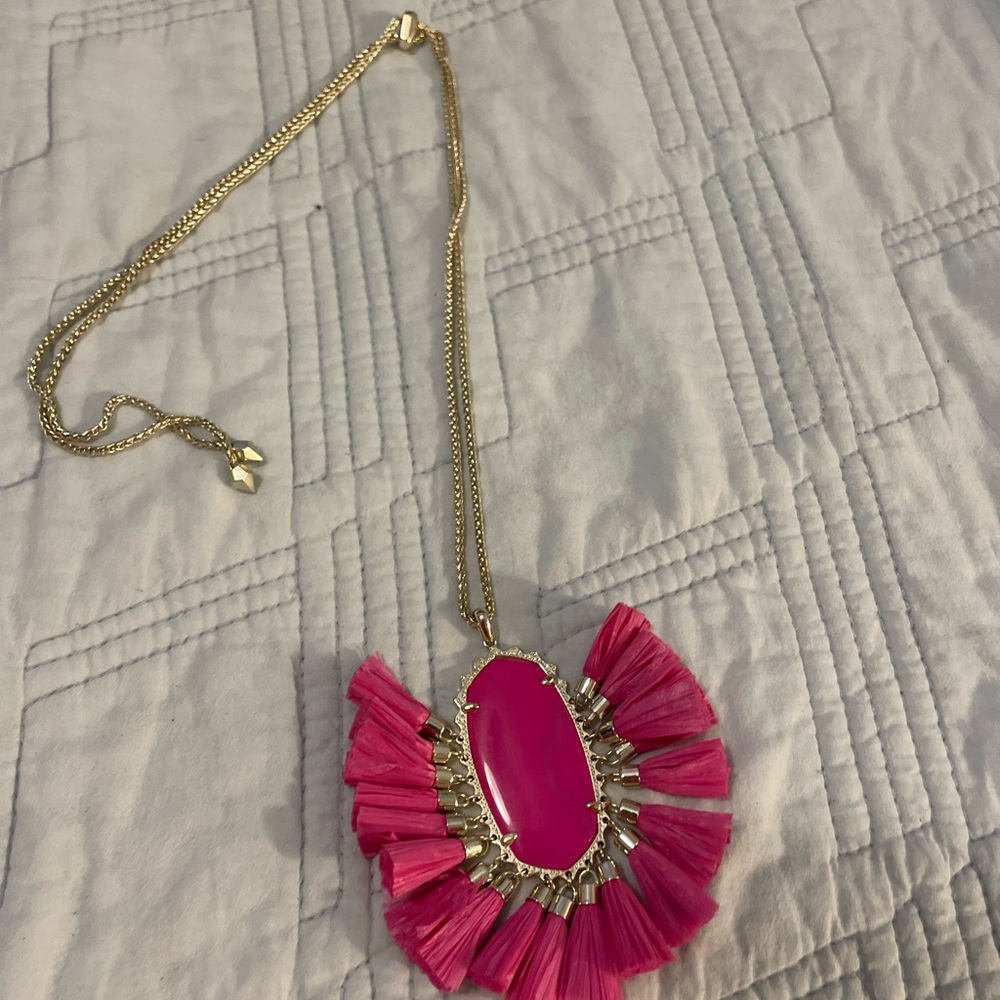 Kendra Scott Gold Necklace with Hot Pink Oval Pendant and Fringe